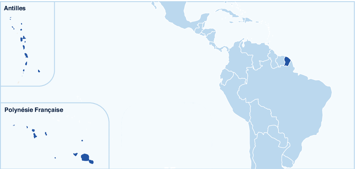 Page "Nos Distributeurs" : Carte de l'Amérique du Sud et des îles : Polynésie Française, Nouvelle Calédonie et Antilles